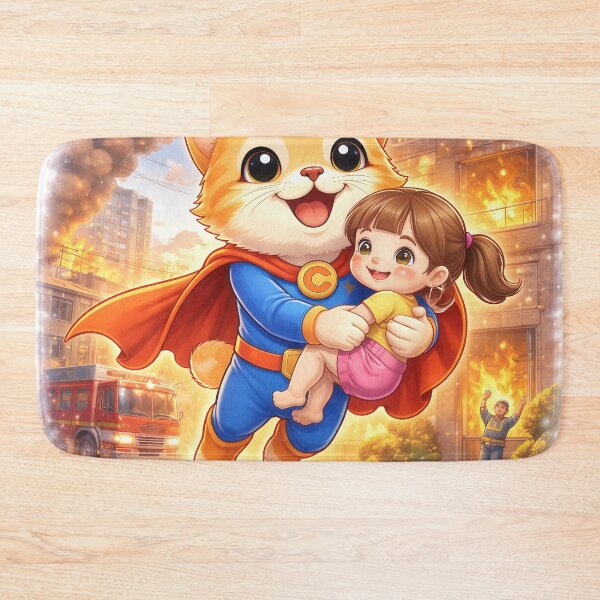 Item preview, Superhero Cat Rescuing a Child from Fire – Cute Hero Cat Saving Lives | Kawaii Comic Art designed and sold by Furfolkz.