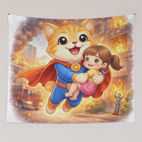 Item preview, Superhero Cat Rescuing a Child from Fire – Cute Hero Cat Saving Lives | Kawaii Comic Art designed and sold by Furfolkz.