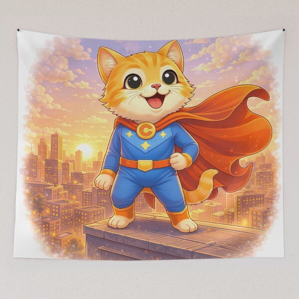 Item preview, Superhero Cat Standing Over City – Cute Cat Hero on Rooftop | Kawaii Comic Superhero Art designed and sold by Furfolkz.
