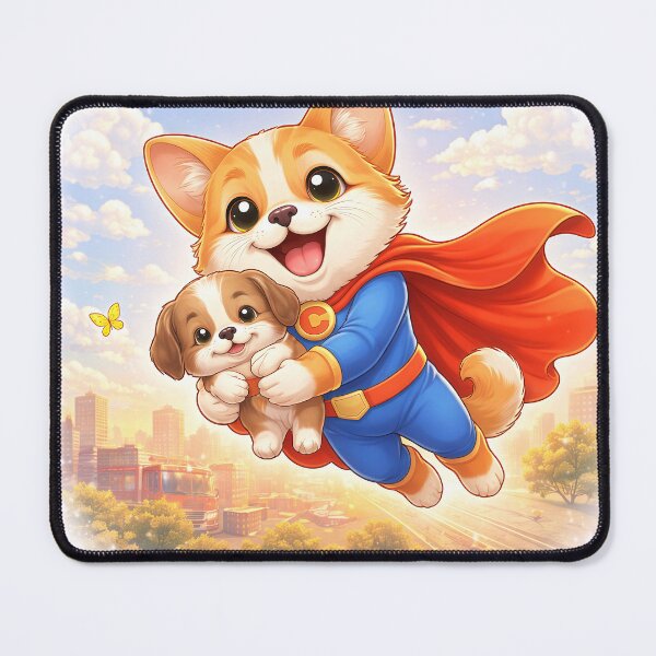 Item preview, Superhero Dog Saving Puppy – Cute Dog Hero Flying Over City | Kawaii Animal Superhero Art designed and sold by Furfolkz.