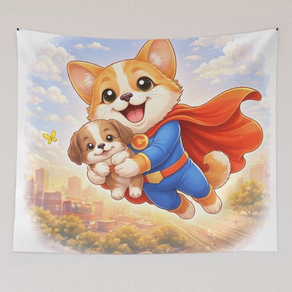 Item preview, Superhero Dog Saving Puppy – Cute Dog Hero Flying Over City | Kawaii Animal Superhero Art designed and sold by Furfolkz.