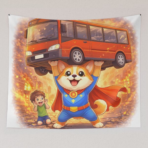 Item preview, Superhero Dog Lifting a Bus – Brave Dog Hero Saving a Child | Cute Animal Superhero Art designed and sold by Furfolkz.