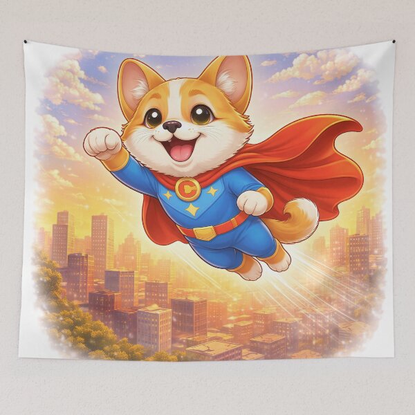 Item preview, Flying Superhero Dog Over the City – Cute Dog Hero in the Sky | Animal Superhero Illustration designed and sold by Furfolkz.