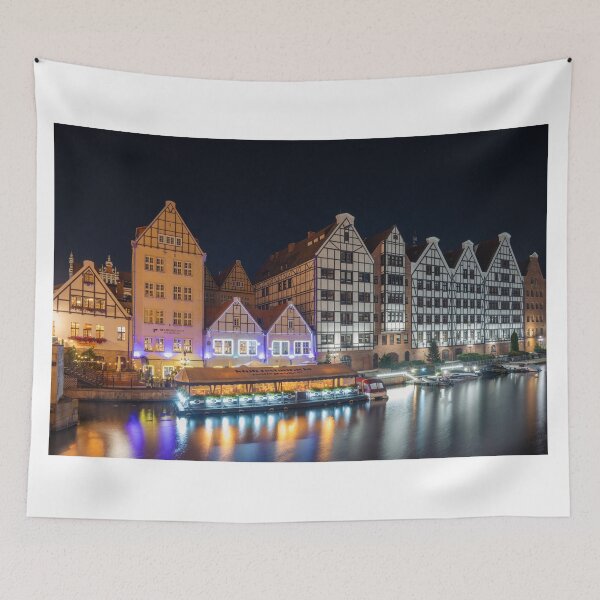 Item preview, Old Town buldings along the riverside of Gdansk at night designed and sold by WorldScenery.