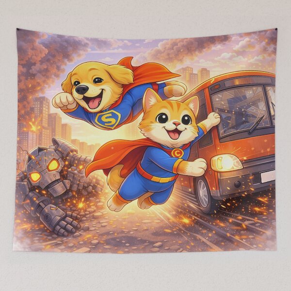 Item preview, Dog and Cat Superhero Duo Saving the City – Cute Animal Heroes in Action | Superhero Pets Illustration designed and sold by Furfolkz.