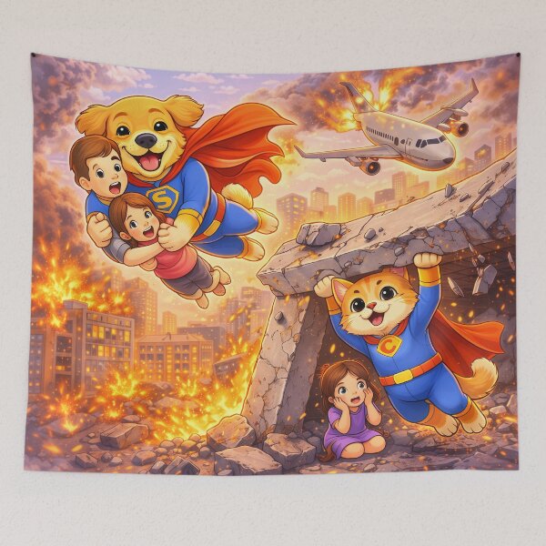 Item preview, Dog and Cat Superheroes Saving Children – Epic Animal Heroes Rescue Scene | Cute Superhero Pets Illustration designed and sold by Furfolkz.