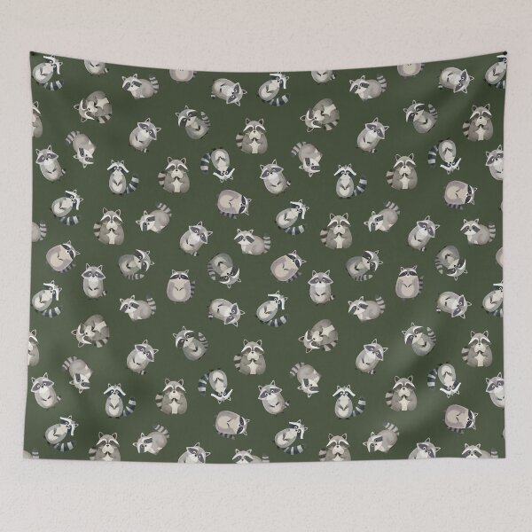 Item preview, Tossed Watercolor Raccoons on Dark Green designed and sold by KSimpson838.