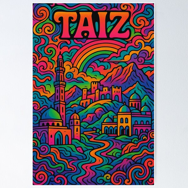 Item preview, Trippy Psychedelic Poster of Taiz | Vibrant Yemeni Mountain Cityscape Art | Retro Colorful Taiz Urban Design designed and sold by PaintedPixels01.