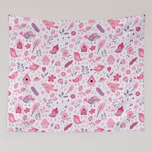 Item preview, Coquette spring birds birdhouses cottagecore florals magenta pink designed and sold by Nicola-Rowe.