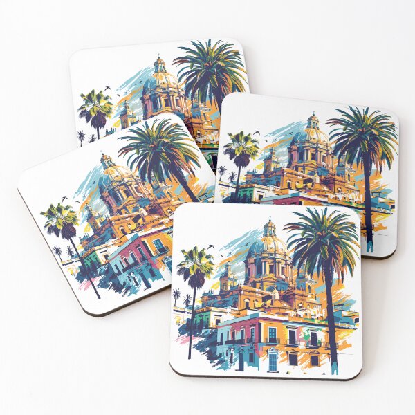 Item preview, Mediterranean City Sunset - Vibrant Pop Art Dome and Tropical Palm Tree Architecture designed and sold by DesignArtist.ia.