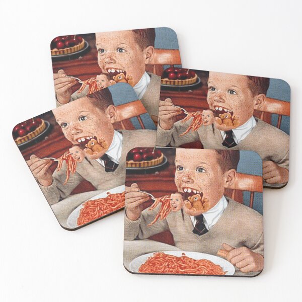 Item preview, Boy Eating Tiny Bear with Spaghetti Vintage Horror designed and sold by PopCultureArtShop.