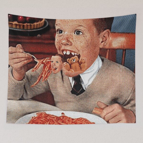 Item preview, Boy Eating Tiny Bear with Spaghetti Vintage Horror designed and sold by PopCultureArtShop.