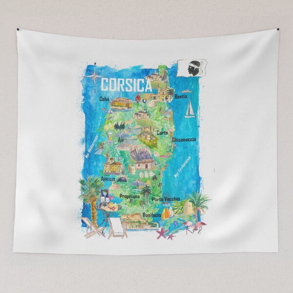 Item preview, Corsica Island France Illustrated Travel Map – Ajaccio, Bonifacio, Calvi & Bastia Iconic Highlights designed and sold by artshop77.
