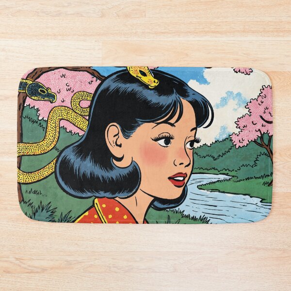 Item preview, Retro comic girl with snakes, cherry blossom river designed and sold by Mauswohn.