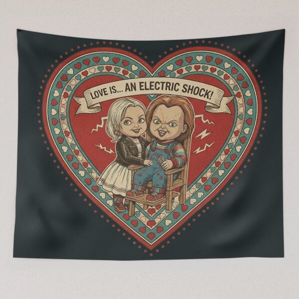 Item preview, Love is an Electric Shock - Chucky & Tiffany Valentine designed and sold by Art's Diner.
