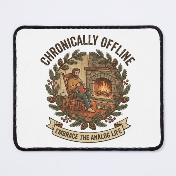 Item preview, Chronically Offline – Cozy Knitting Man & Fireplace Analog Life Design designed and sold by KERK Art and Design.