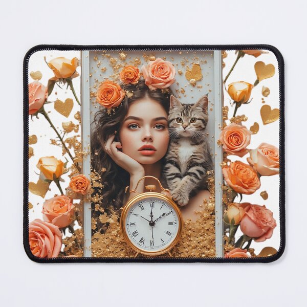 Item preview, Woman and Kitten with Clock Floral Frame designed and sold by newvisionart191.