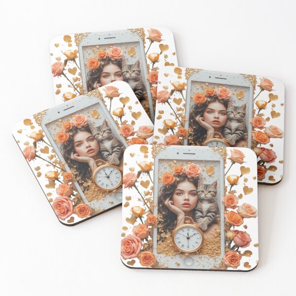 Item preview, Woman and Kitten with Clock Floral Frame designed and sold by newvisionart191.