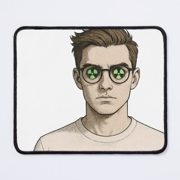 Item preview, Young man with glasses and radiation trefoil reflections on black designed and sold by Creative88Art.