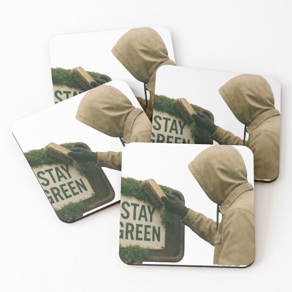 Item preview, Hooded figure scrubs moss from rusted sign reading STAY GREEN designed and sold by Creative88Art.