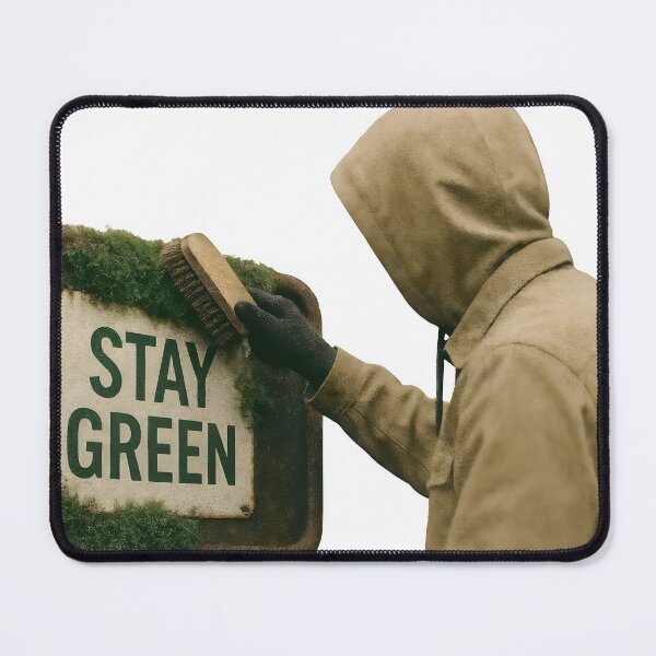Item preview, Hooded figure scrubs moss from rusted sign reading STAY GREEN designed and sold by Creative88Art.