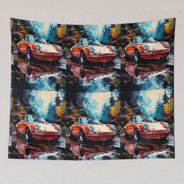 Item preview, Classic Red Sports Car Parked On Wet Autumn Forest Road designed and sold by RevUpDesign.