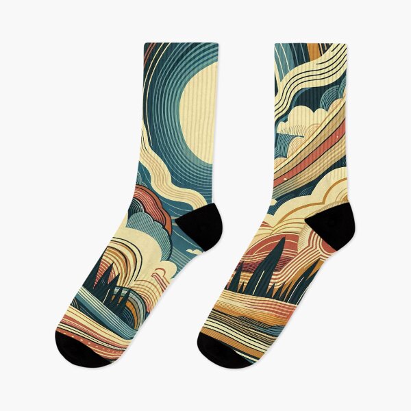 Item preview, Retro Sunlit Mountain Landscape with Geometric Clouds designed and sold by InkSmithery.