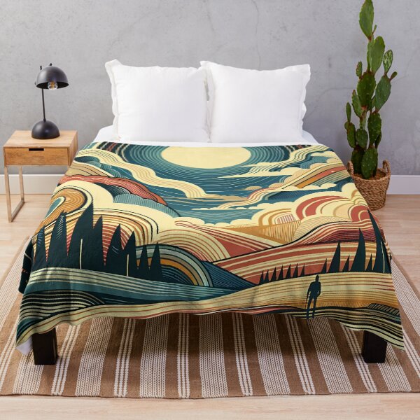 Item preview, Retro Sunlit Mountain Landscape with Geometric Clouds designed and sold by InkSmithery.