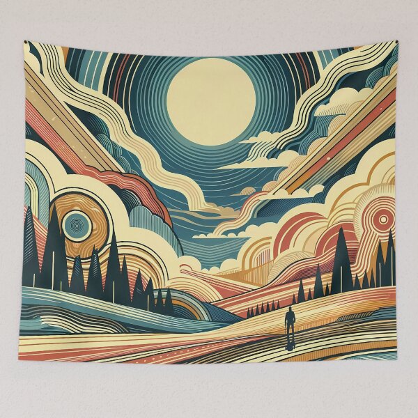 Item preview, Retro Sunlit Mountain Landscape with Geometric Clouds designed and sold by InkSmithery.