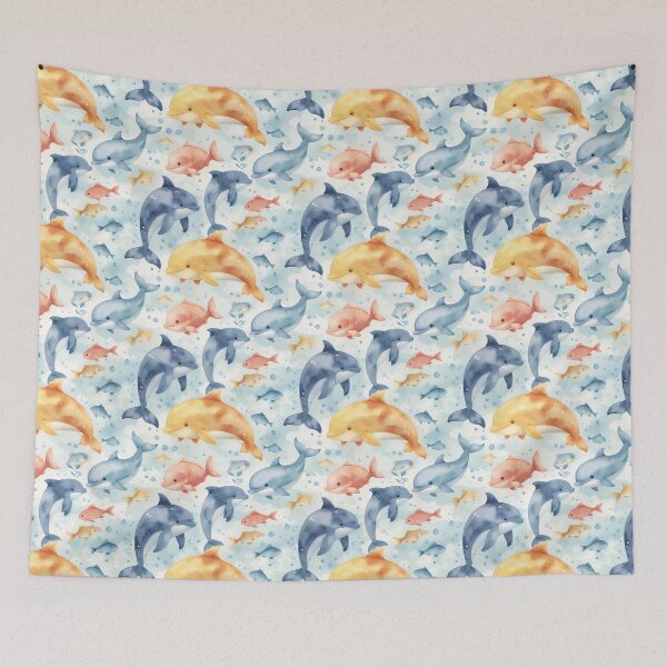 Item preview, Cute Dolphin & Fish Seamless Pattern – Watercolor Ocean Bubbles designed and sold by CreativeGarage.