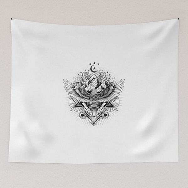 Item preview, Geometric Eagle Tattoo - Mystical Mountain & Moon Line Art designed and sold by Latikshop.