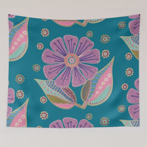 Item preview, Abstract Clematis Flower and Leaves – Unique Hand-Drawn Artwork - teal designed and sold by FUNKARIUM.