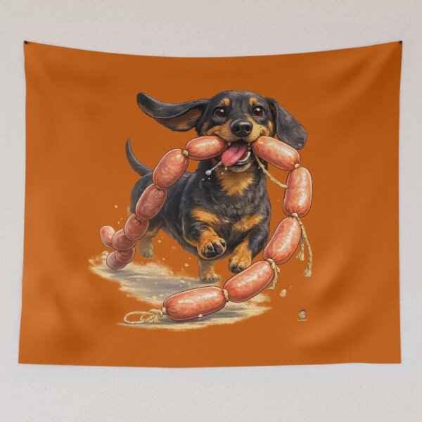 Item preview, Funny Dachshund Dog Stealing String of Sausages Art designed and sold by kornkobart.