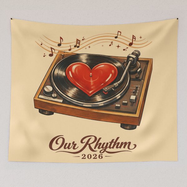 Item preview, Our Rhythm 2026 – Vintage Heart-Shaped Vinyl Record Turntable Music Poster, Retro 70s Soul & Jazz Illustration designed and sold by FUIRY .