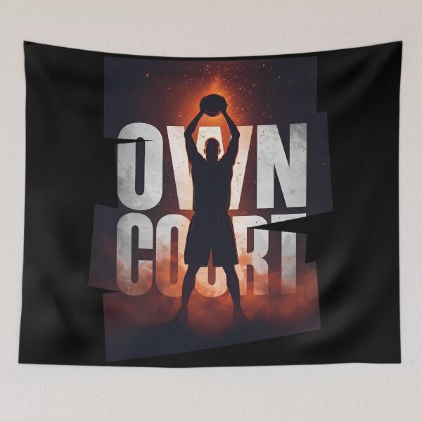 Item preview, Basketball Player silhouette standing tall with glowing hoop behind white text-Own The Court 3 designed and sold by Neon G.