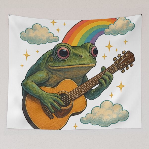Item preview, Frog Playing Guitar Under Rainbow Sky designed and sold by chromatalove.