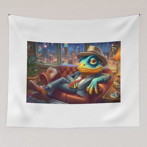 Item preview, Cool chameleon in suit lounging in a city apartment designed and sold by Artessie.