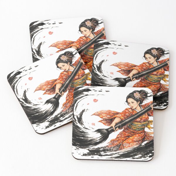 Item preview, Japanese woman in red kimono wielding giant ink brush designed and sold by juthamas8426.
