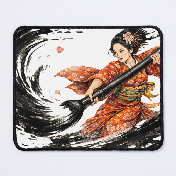 Item preview, Japanese woman in red kimono wielding giant ink brush designed and sold by juthamas8426.