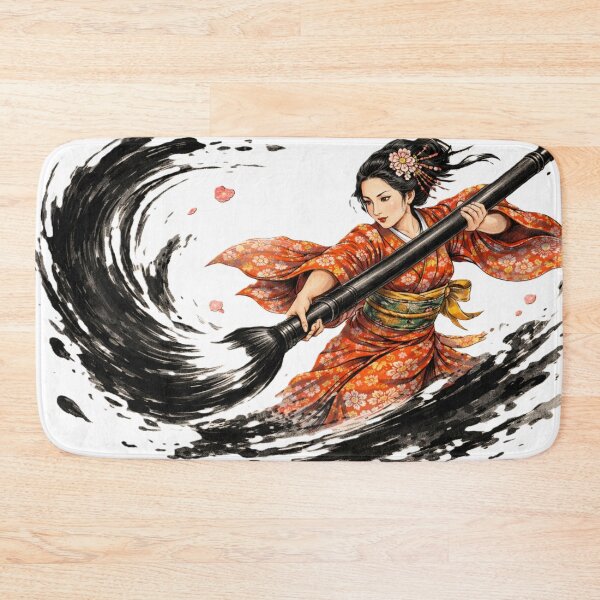 Item preview, Japanese woman in red kimono wielding giant ink brush designed and sold by juthamas8426.