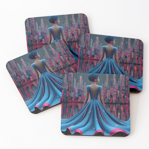 Item preview, Elegant Woman in Blue Dress Against City Skyline designed and sold by Artessie.