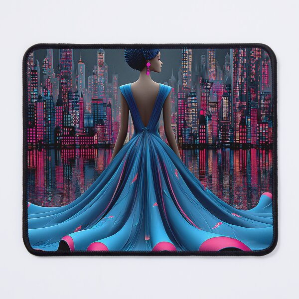 Item preview, Elegant Woman in Blue Dress Against City Skyline designed and sold by Artessie.