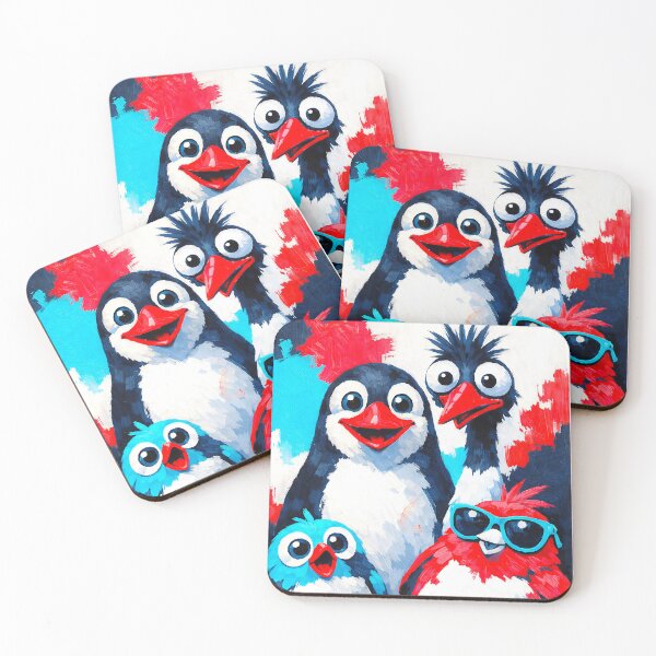 Item preview, Funky Bird Gang - Colorful Pop Art Design - Vibrant Blue Red Cyan Abstract Animal Illustration - Playful Penguin and Friends Artwork designed and sold by Art Lea.