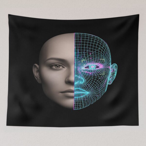 Item preview, AI Cyborg Identity - Neon Wireframe Split Face designed and sold by Dakson Design - Fantasy Art.