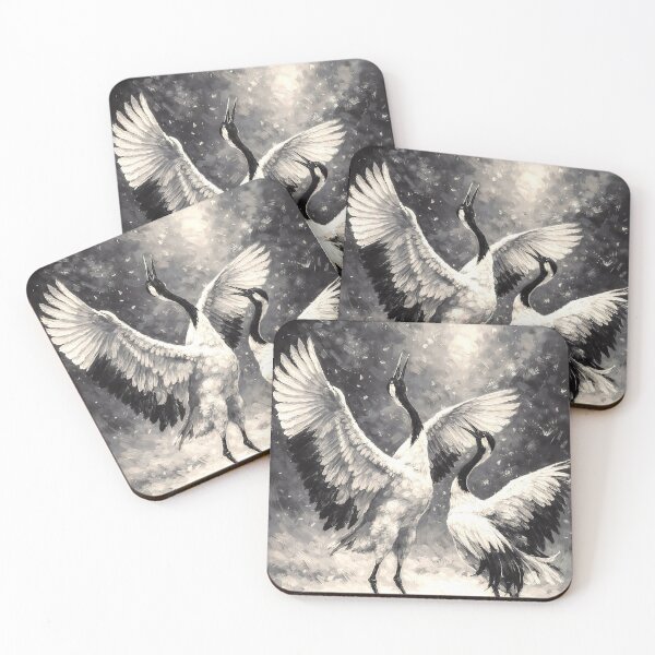 Aperçu de l'œuvre Art Grues Dansantes Noir et Blanc - Peinture Élégante Grues Japonaises - Illustration Animalière Monochrome - Design Oiseaux Asiatiques Nature créée et vendue par Art Lea.