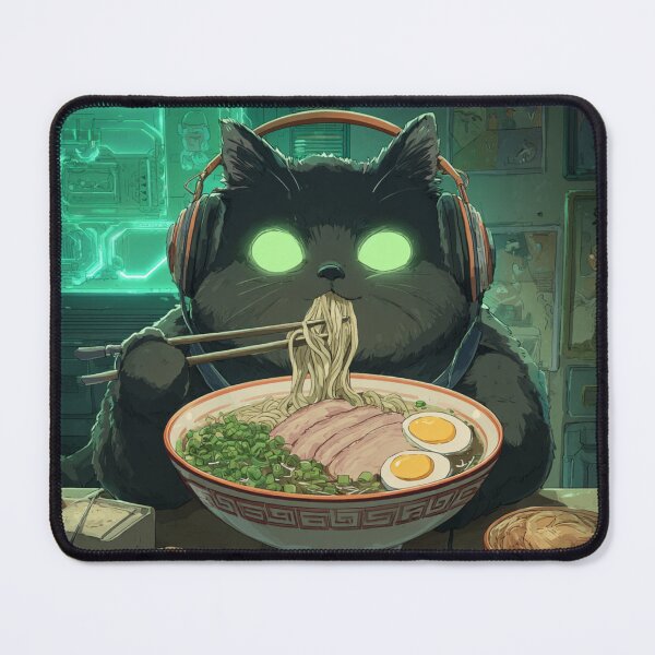 Item preview, Neon Green Gamer Black Cat Eating Ramen Noodles designed and sold by Purrfectanime.