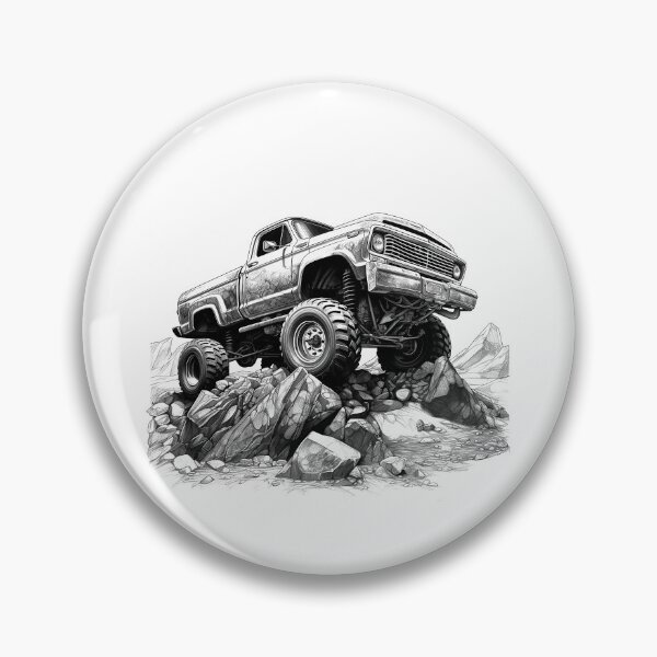 Artikelvorschau, Vintage-Offroad-Truck beim Felsklettern | Schwarz-Weiß-Illustration für Geländewagen entworfen und verkauft von inkoutninja.
