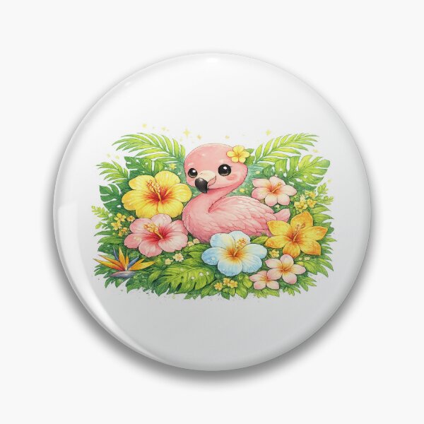 Item preview, Tropical Flowers – Cute Kawaii Flamingo Surrounded by Blossoms designed and sold by Paws-nd-Prints.