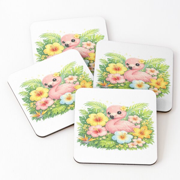 Item preview, Tropical Flowers – Cute Kawaii Flamingo Surrounded by Blossoms designed and sold by Paws-nd-Prints.