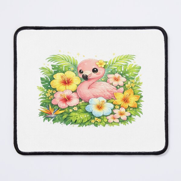 Item preview, Tropical Flowers – Cute Kawaii Flamingo Surrounded by Blossoms designed and sold by Paws-nd-Prints.